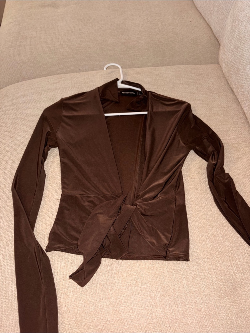 PrettyLittleThing Satin Brown Tie-Front Blouse